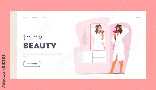 Every Day Routine Landing Page Template. Morning Hygiene in Bathroom. Young Woman Stand in front of Mirror Drying Hair