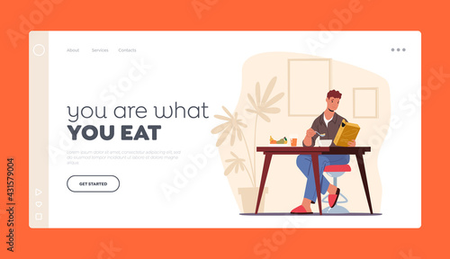 Male Character Eat, Morning Everyday Routine, Lifestyle Landing Page Template. Young Man Having Breakfast at Home
