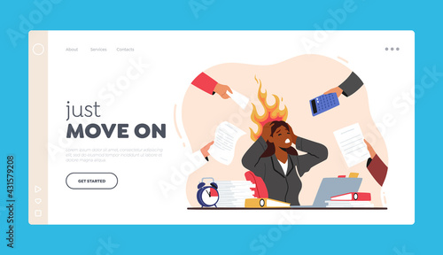 Deadline and Time Lack Landing Page Template. Overloaded Business Woman Holding Burning Head Sitting at Messy Workplace