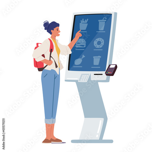 Character Use Self Ordering Food Service in Restaurant or Fastfood Cafe. Woman Choose Meals on Digital Device Screen