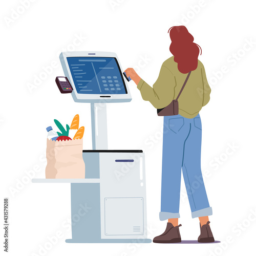 Contactless Payment, Contemporary Technologies. Female Character in Supermarket Stand at Checkout Self Service with Pos