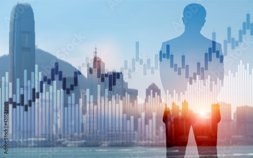 Stock market trading concept with silhouettes background