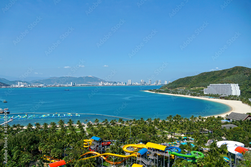 high angle top view blue sea beach bay view of vin pearl amusement park island, landscape view from ferris wheel