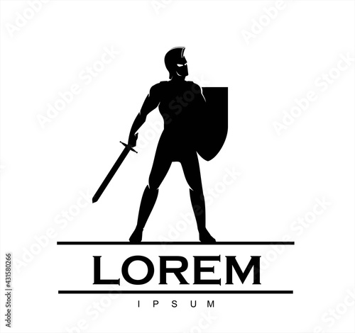 Standing sparta warrior holding sword and shield