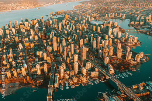 Vancouver from above aerial view airplane golden hour