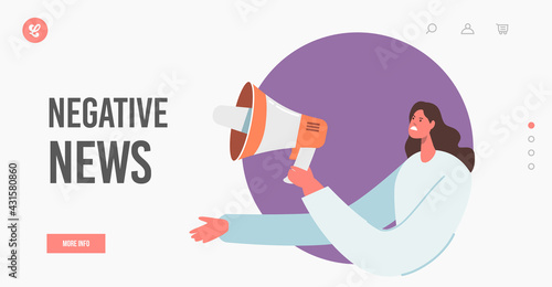 Negative News, Information Overload Landing Page Template. Female Character Yelling to Loudspeaker Disseminate Panic
