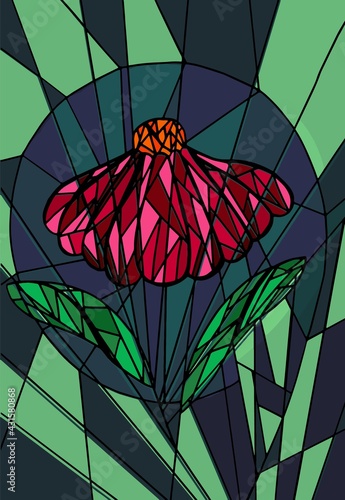 Red chamomile on a geometric background in the style of stained glass. 