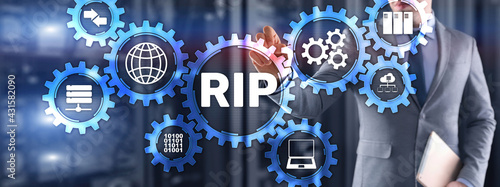 RIP. Businessman pressing virtual screen Routing Information Protocol. Technology networks concept