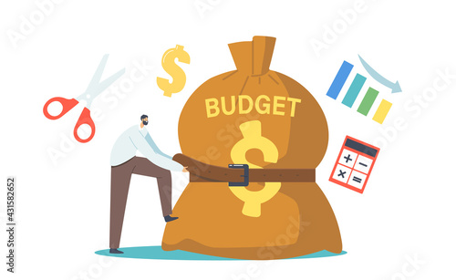 Tiny Businessman Character Tight Budget Sack with Belt. Businessman in Economy Crisis Situation Reduce Money Spending