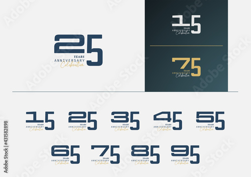 Set of anniversary logotype with minimalism gold, silver and blue color style for celebration event. Vector Template Design Illustration.