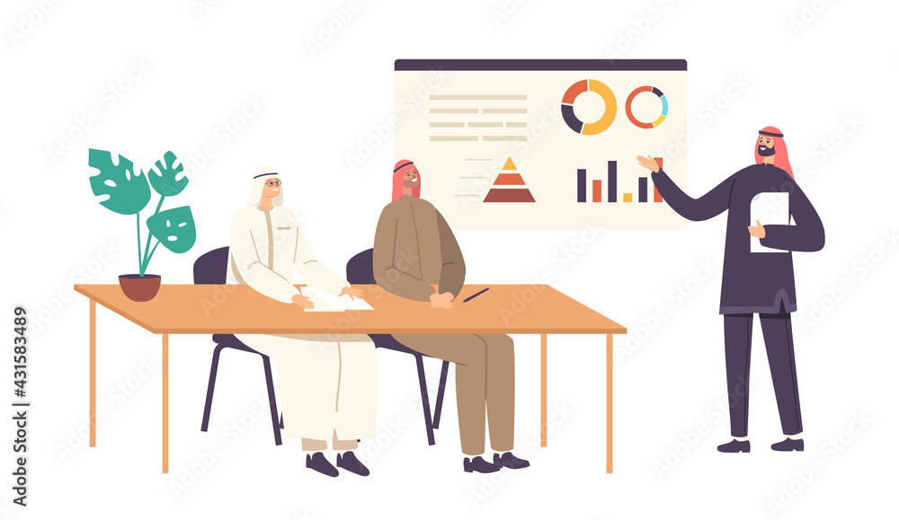 Arab Characters in Traditional Clothes Meeting in Office. Business Partners, Magnates Discuss Business near White Board Arab Characters in Traditional Clothes Meeting in Office. Business Partners, Magnates Discuss Business near White Board