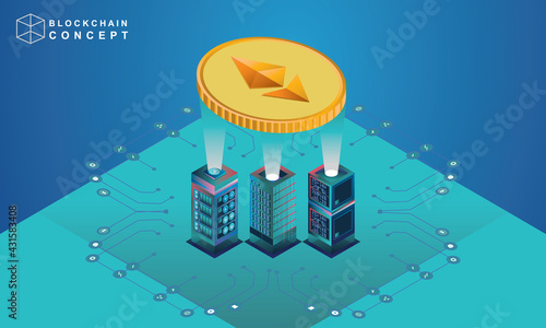 Concept of Block chain technology data analysis for investors marketing solutions or financial performance crypto currency statistics concept illustration modern flat design isometric vector