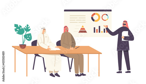 Arab Characters in Traditional Clothes Meeting in Office. Business Partners, Magnates Discuss Business near White Board