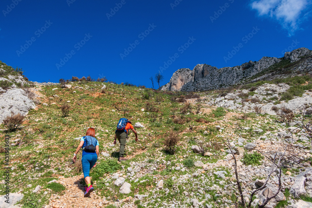 Hikers climbing a stony path up the side of a mountain on a sunny day.