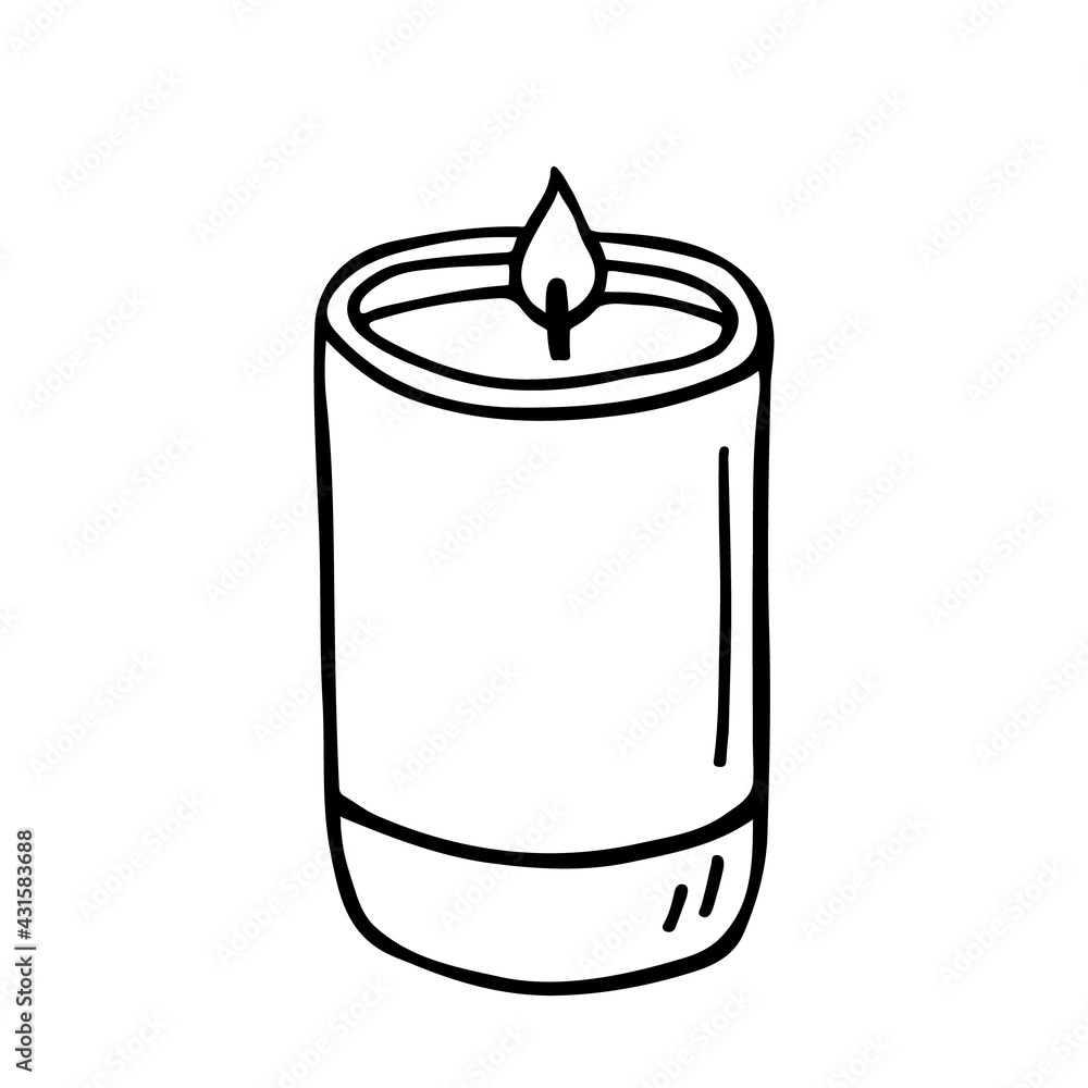 Burning aroma candle in a jar isolated on white background. Vector hand-drawn illustration in doodle style. Aromatherapy, relaxation design element. Suitable for cards, logo, decorations. Burning aroma candle in a jar isolated on white background. Vector hand-drawn illustration in doodle style. Aromatherapy, relaxation design element. Suitable for cards, logo, decorations.