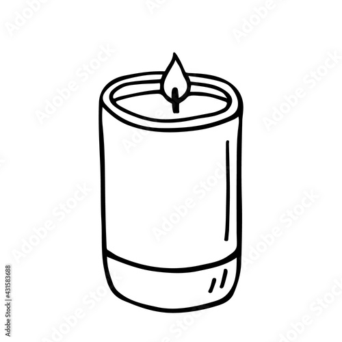 Burning aroma candle in a jar isolated on white background. Vector hand-drawn illustration in doodle style. Aromatherapy, relaxation design element. Suitable for cards, logo, decorations.