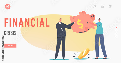 Characters in Financial Crisis Landing Page Template. Bankruptcy, Budget Deficit. Business People Shaking Piggy Bank