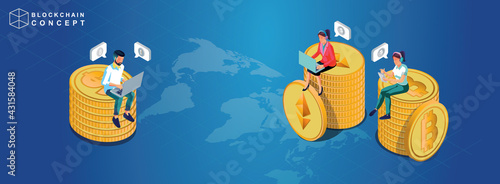 Concept of Block chain technology data analysis for investors marketing solutions or financial performance crypto currency statistics concept illustration modern flat design isometric vector