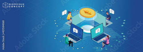Concept of Block chain technology data analysis for investors marketing solutions or financial performance crypto currency statistics concept illustration modern flat design isometric vector