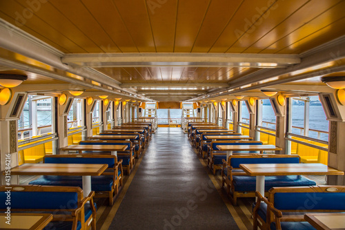 Odaiba water ferry interior design of seating area within boat. Tokyo, Japan. photo