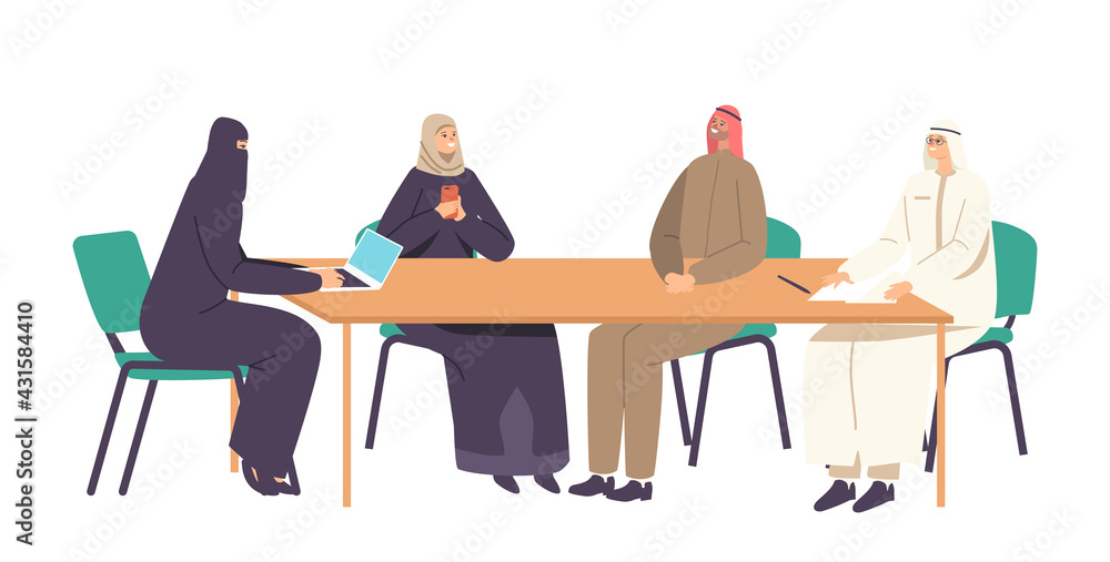 Arab Business Team Board Meeting with Partners in Office. Male and Female Characters Communicating Sitting at Desk Arab Business Team Board Meeting with Partners in Office. Male and Female Characters Communicating Sitting at Desk