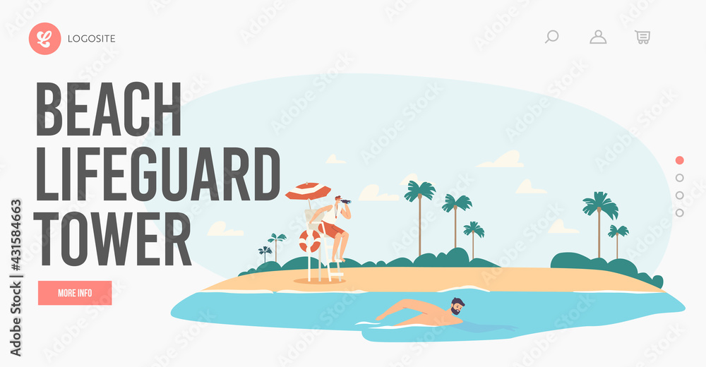 Beach Lifeguard Tower Landing Page Template. Rescuer Male Character Looking in Binoculars on Swimming Man. Rescuer Chair