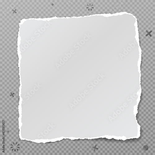 Torn, ripped white paper strip with soft shadow is on squared grey background for text. Vector illustration