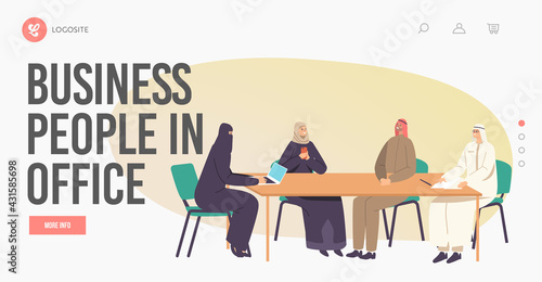 Businesspeople in Office Landing Page Template. Arab Male and female Team Meeting, Communicating Sitting at Desk