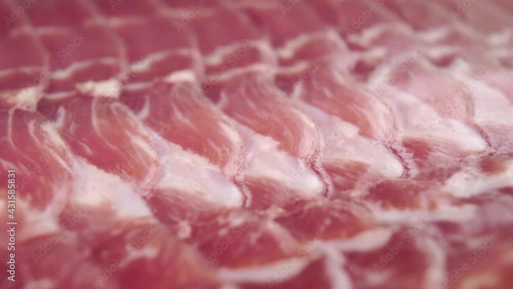 Jamon macro shot. Meat fat traditional Spanish delicacy extreme close-up. Dolly shooting Jamon macro shot. Meat fat traditional Spanish delicacy extreme close-up. Dolly shooting