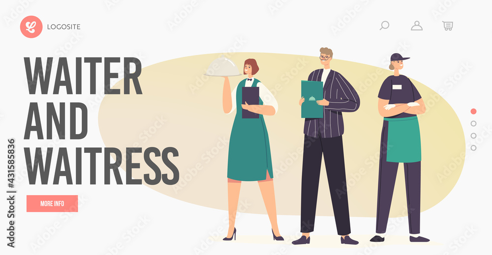 Hospitality Staff Characters in Uniform Landing Page Template. Restaurant Workers Team Administrator with Menu
