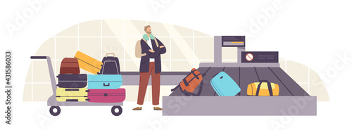 Plane Arrival, Tourism Travel Concept. Tourist Male Character Claim Baggage in Airport Belt. Man Waiting Luggage