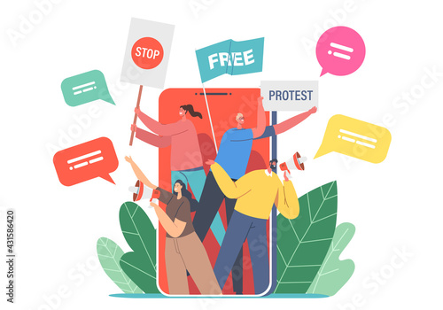 Digital Online Protest Concept. People on Huge Smartphone Screen Protesting with Placards on Strike or Demonstration