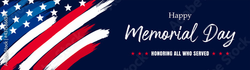 Vector of US Memorial Day celebration background banner or greeting card, with text and USA flag elements.