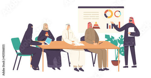 Arab Businessmen and Businesswomen in Office. Communication, Contemporary Marketing. International Partnership Relations