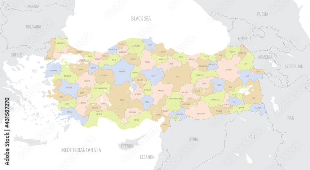 Detailed location map of Turkey in Europe with administrative divisions of the country, vector illustration