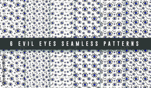 Set of 6 vector seamless pattern various blue evil eyes talismans contempory modern trendy background design for wallpaper textile warpping paper.