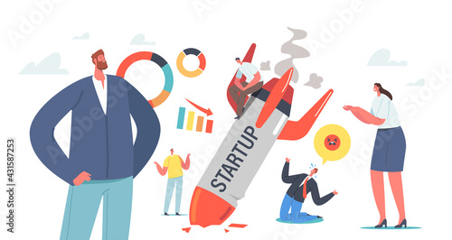 Startup Fail, Business Failure, Crash. Businesspeople Stand at Burning Crashed Start up Rocket. Spaceship Fall Down