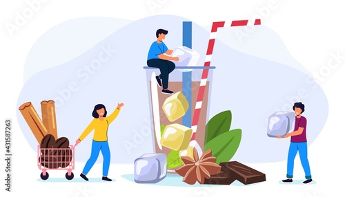 Iced coffee in a tall glass with cream poured over Coffee lover tiny people character concept Vector flat illustration Sweetness smoothies ice cream