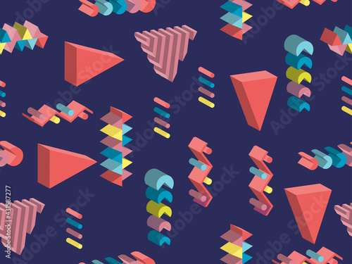 Geometric seamless pattern in memphis style with 3d geometric shapes. Isometric geometry in the style of the 80s for promotional products, wrapping paper and printing. Vector illustration