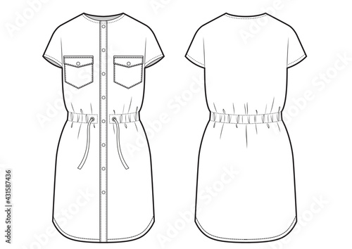 Shirt dress with shirt sleeves, fashion sketch. Long womans tunic