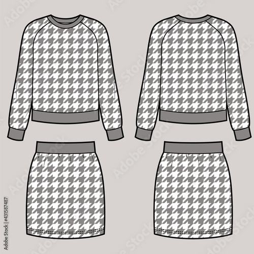 Suit sweatshirt and skirt with houndstooth pattern