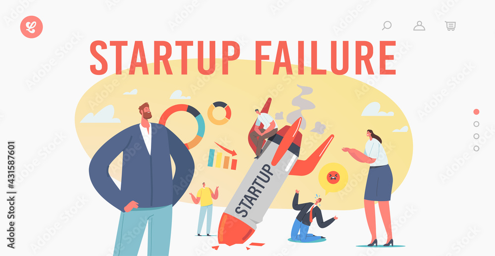 Startup Fail, Business Failure, Crash Landing Page Template. Businesspeople Stand at Burning Crashed Start up Rocket Startup Fail, Business Failure, Crash Landing Page Template. Businesspeople Stand at Burning Crashed Start up Rocket