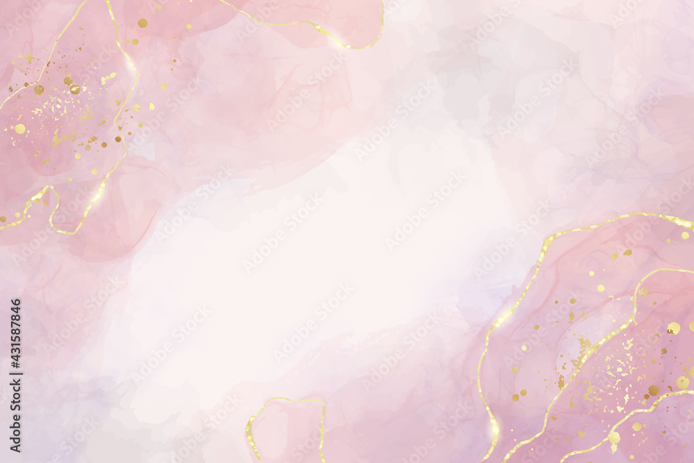 Abstract dusty rose liquid watercolor background with golden crackers. Pastel pink marble alcohol ink drawing effect. Vector illustration design template for wedding invitation Abstract dusty rose liquid watercolor background with golden crackers. Pastel pink marble alcohol ink drawing effect. Vector illustration design template for wedding invitation