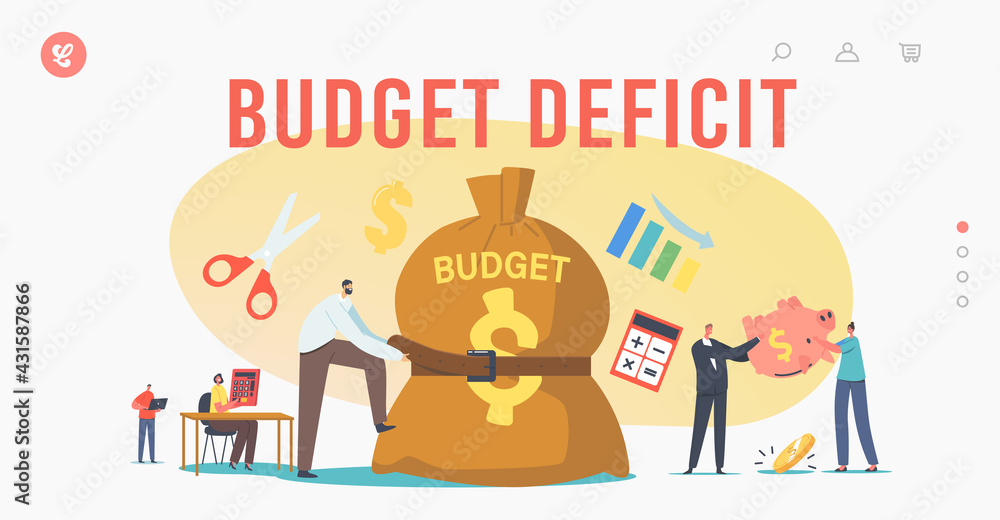 Budget Deficit Landing Page Template. Businessman Character Tight Huge Budget Sack with Belt. Business Economy Crisis - obrazy, fototapety, plakaty 