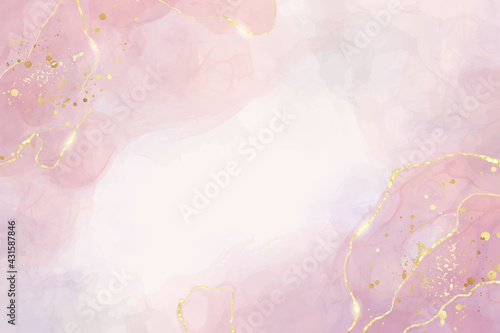 Abstract dusty rose liquid watercolor background with golden crackers. Pastel pink marble alcohol ink drawing effect. Vector illustration design template for wedding invitation