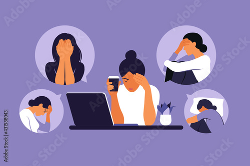 Woman in depression with bewildered thoughts in her mind. Young sad girl sitting at laptop. Vector illustration. Flat style