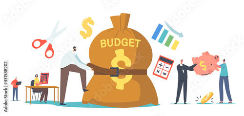 Tiny Businessman Character Tight Huge Budget Sack with Belt. Poor Man and Woman with Empty Piggy Bank, Economy Crisis.