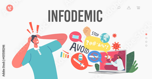 Infodemic Landing Page Template. Negative News, Panic, Disaster. Stressed Character Holding Head Looking on Screen