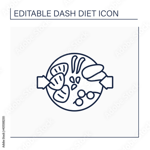 Healthy food line icon. Steaks with goulash sauce, sweet potatoes fries and vegetables on plate. Balanced nutrition. Small portion. Dash diet concept. Isolated vector illustration.Editable stroke