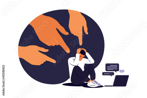 Cyber bullying concept. Depressed man sitting on the floor. Opinion and the pressure of society. Shame. Vector flat